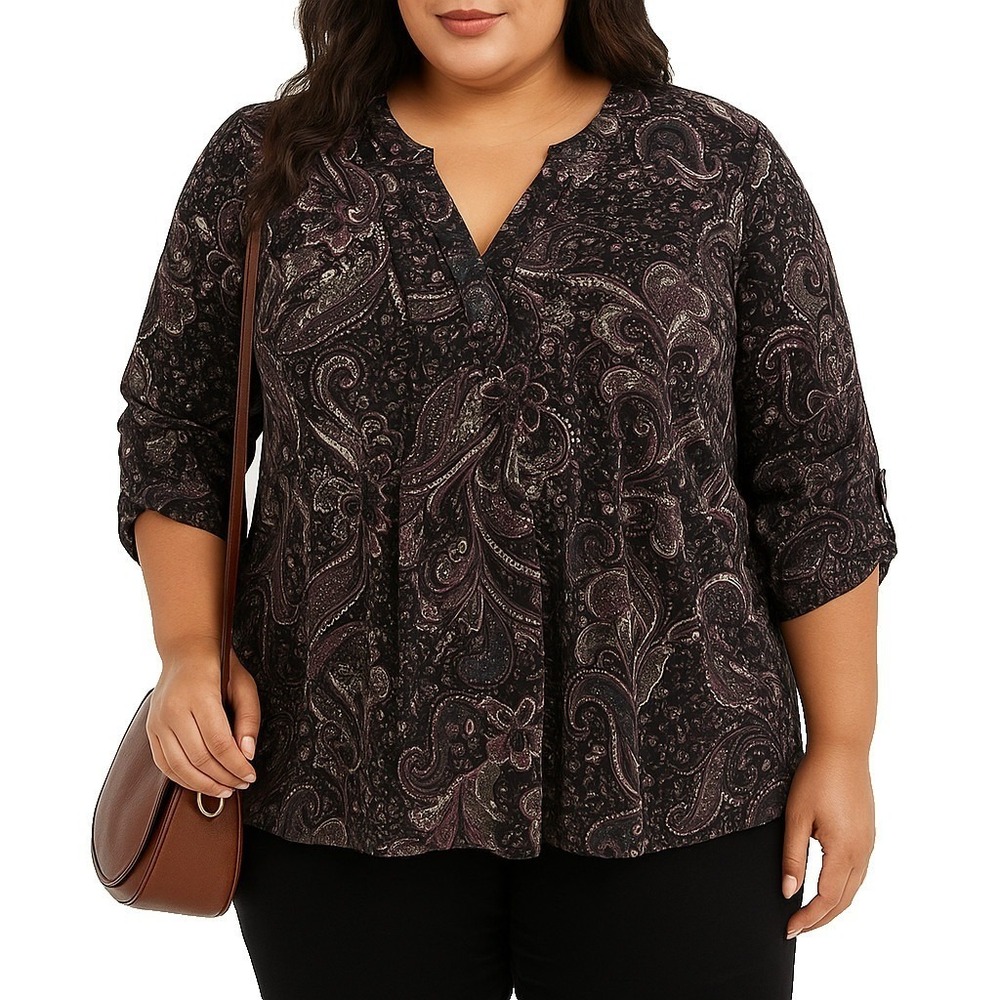 Black Rainn Paisley Print Tunic Blouse Womens‎ Size 3X Roll Tab Sleeve V-Neck